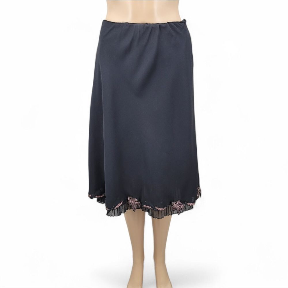 Rene Derhy Vintage Black Midi Skirt with Metallic Pink Embroiderd Flowers